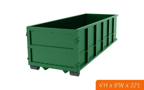 the 20 yard dumpsters have the capacity to hold up to 20 cubic yards of material with a weight limit of 3 to 4 tons